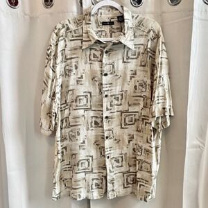6A Mens XXL Silk Button Up Shirt Geometric Green Dad Casual Aloha Abstract 19951